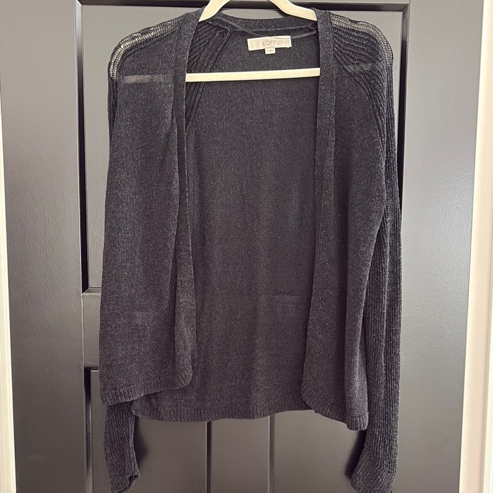 LOFT Black Open-Front Semi Sheer Cardigan Sweater. Made with 55% Linen. Size S